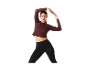 Žena má na sebe tmavočervený dlhý rukáv a čierne legíny.