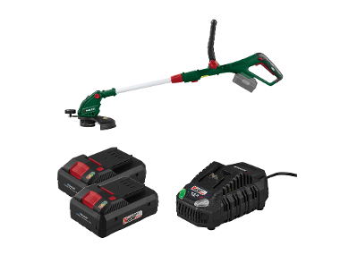 PARKSIDE® Aku strunová kosačka 20 V PRTA 20-Li D3 + Smart akumulátor 20 V/4 Ah, 2 kusy + Rýchlonabíjačka akumulátora 20 V/4,5 A