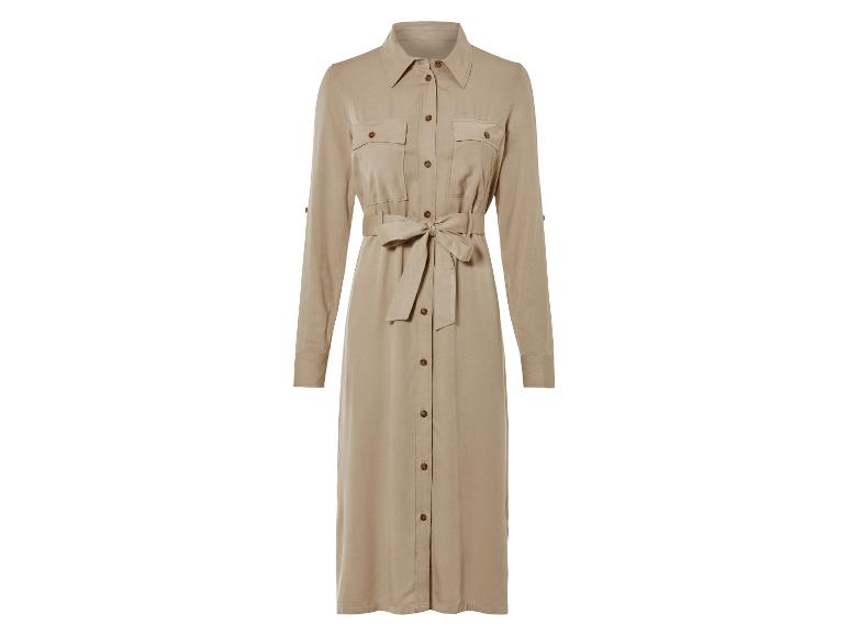 Béžová šaty s gombíkmi, opaskom a dlhými rukávmi.