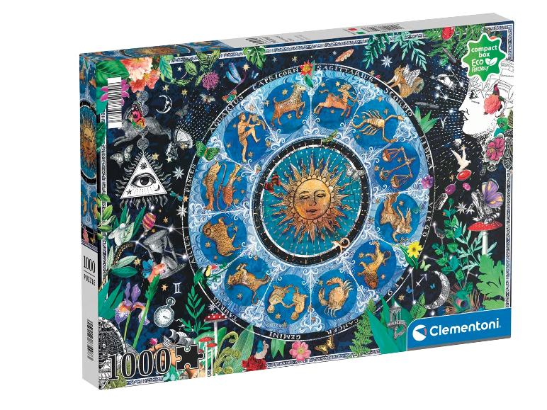 Škatuľa s 1000-dielnym puzzle s nebeským zverokruhom a slnkom v strede.