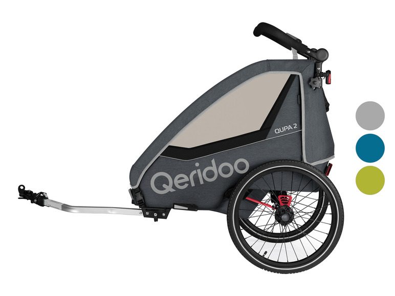 Qeridoo Qupa 2 bicyklový vozík v šedej a béžovej farbe.
