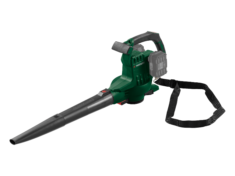Parkside bezdrôtový fúkač lístia s ramenným popruhom.