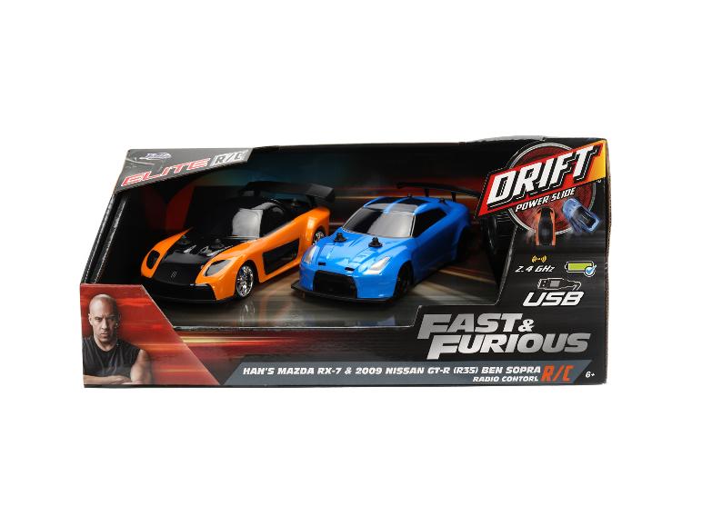 Súprava Fast & Furious Elite R/C Drift Power Slide s Hanovou Mazdou RX-7 a Nissanom GT-R.