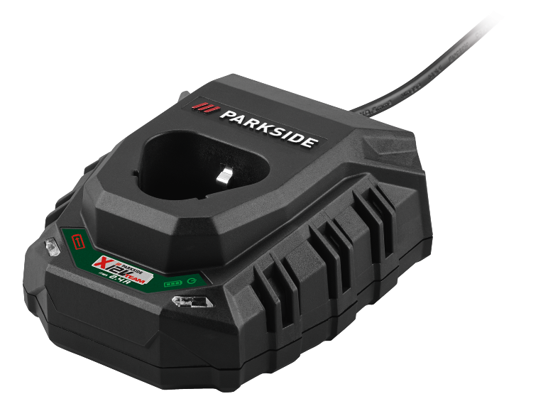 Čierna nabíjačka batérií pre elektrické náradie s logom X 12 V Team a svetelnými indikátormi.