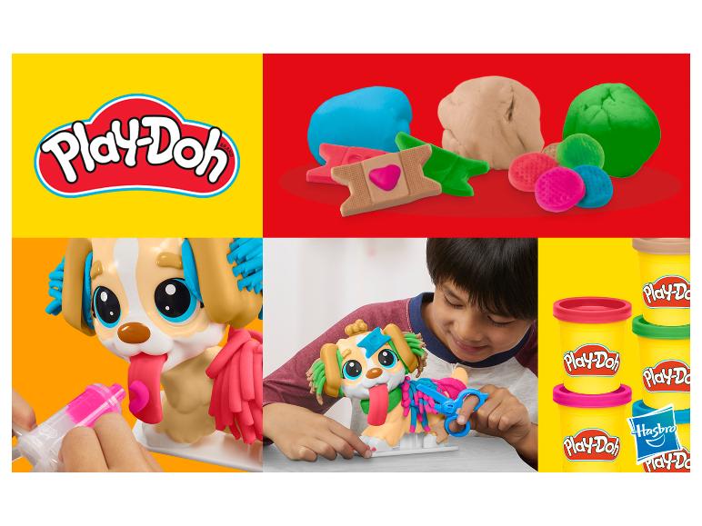 Play-Doh: logo, farebná modelovacia hmota a dieťa hrajúce sa s Play-Doh šteniatkom.
