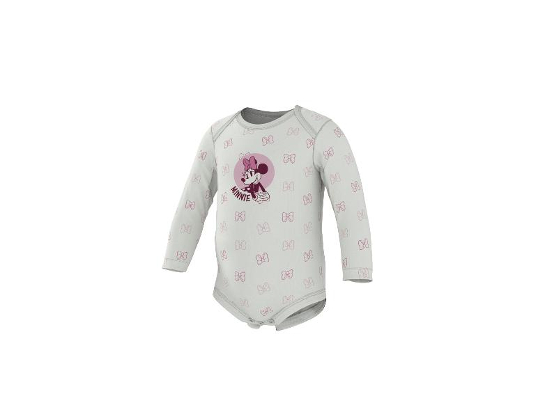 Biele dojčenské body s dlhým rukávom s motívom Minnie Mouse a ružovými mašličkami.