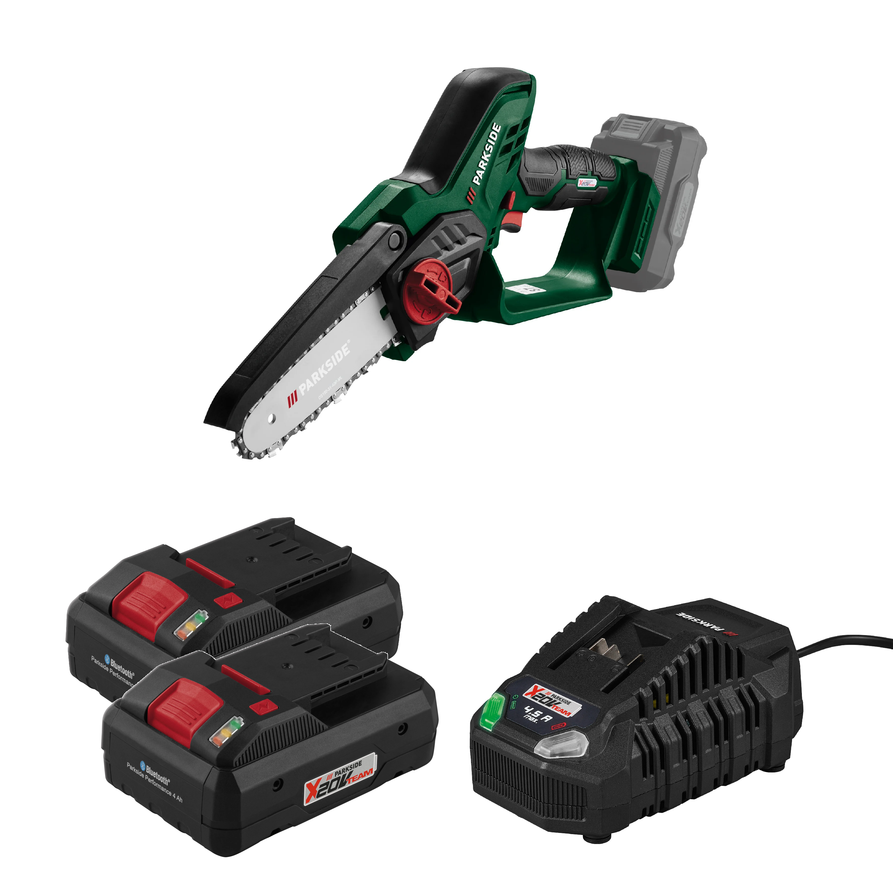 PARKSIDE® Aku reťazová píla PAGHS 20-Li C4 + Smart akumulátor 20 V/4 Ah, 2 kusy + Rýchlonabíjačka akumulátora 20 V/4,5 A