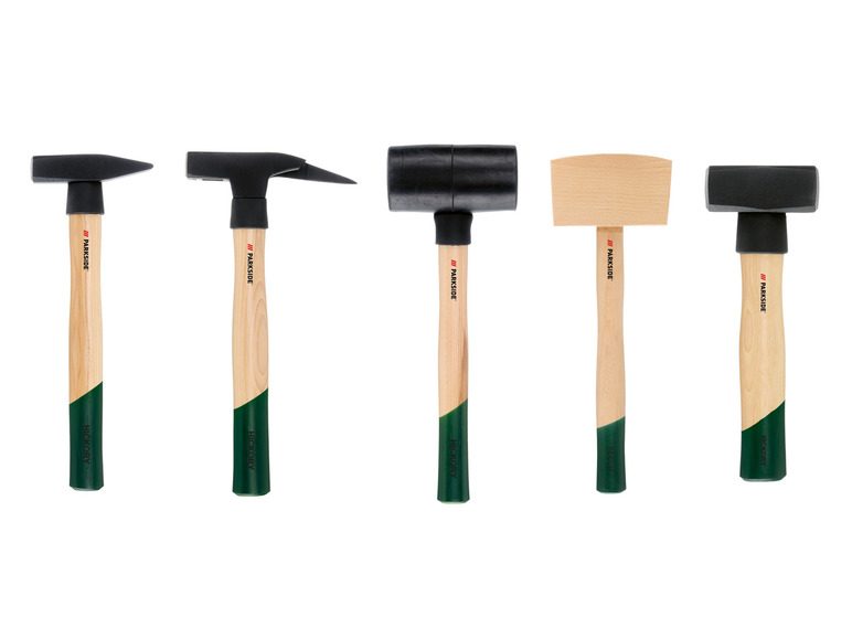 Sada nástrojov Parkside, vrátane kladiev, gumovej kladivá a drevenej kladivá.