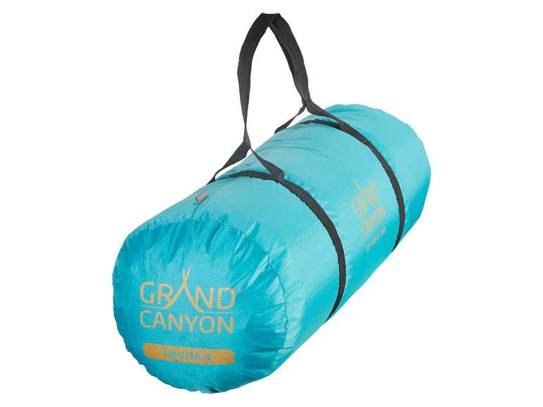 Modrý stan Grand Canyon Tahuta 4, zrolovaný a pripravený na prepravu.