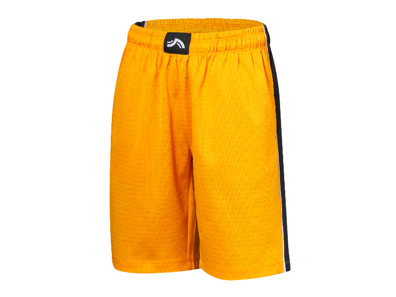 Žlté basketbalové šortky s čiernymi detailmi.