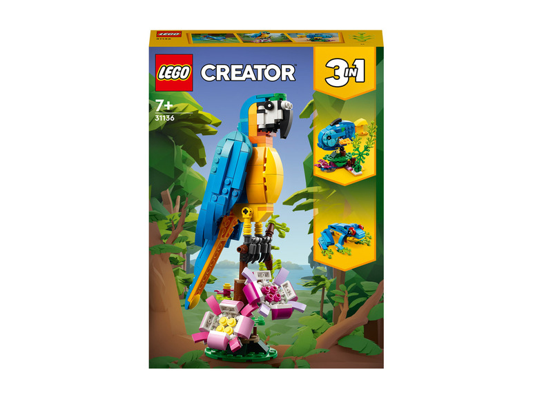 Lego Creator 3 v 1 sada s papagájom, rybou a žabou.