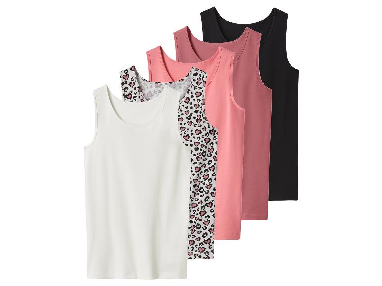 Päť dámskych tielok, vrátane jedného bieleho, jedného s leopardím vzorom a troch ružových/čiernych.