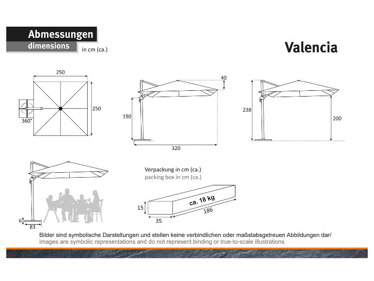 Rozmery slnečníka Valencia, vrátane meraní a balenia.