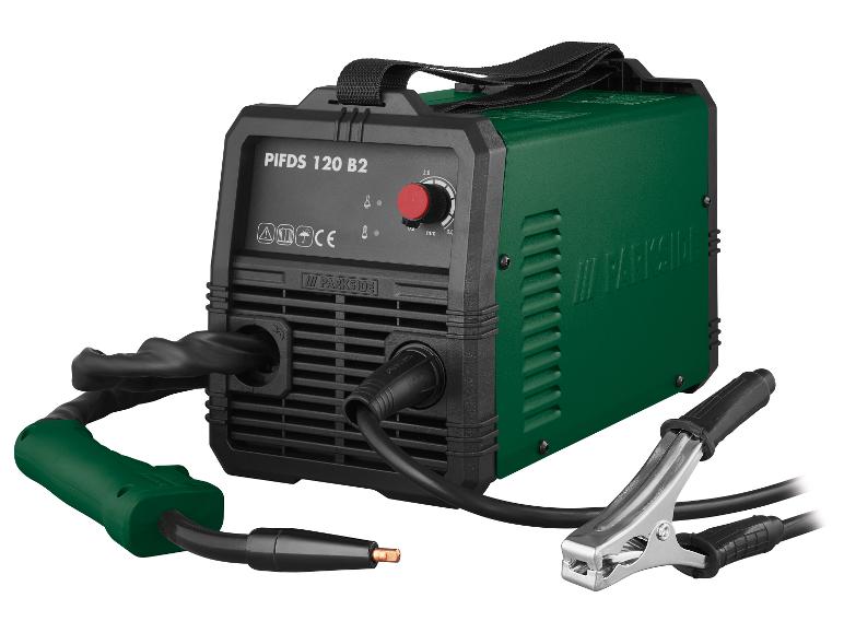 Zváračka Parkside PIFDS 120 B2 v zelenej a čiernej farbe s káblami a svorkou.
