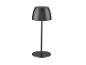 Čierna, moderná stolová lampa s kónickým tienidlom a okrúhlou základňou.