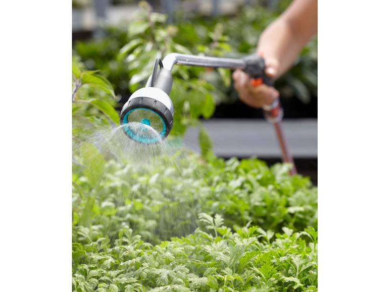 Záhradná postrekovač zalieva rastliny vodou.