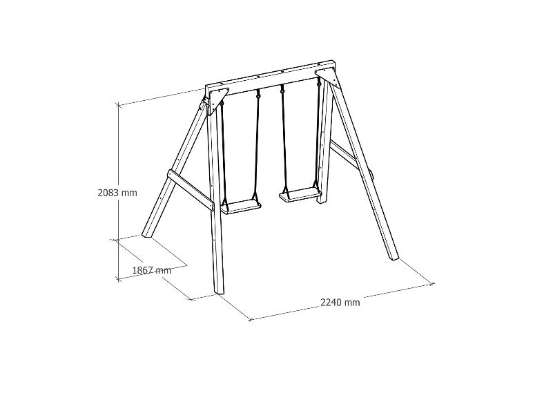Drevená hojdačka s dvoma sedadlami a rozmermi 2083x1867x2240 mm.