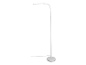 Biela stojacia lampa s ohnutým ramenom.