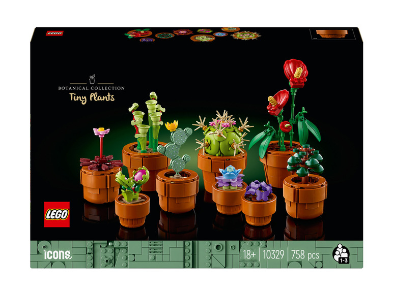 Lego Icons sada s malými rastlinami vrátane kaktusu a mäsožravej rastliny.