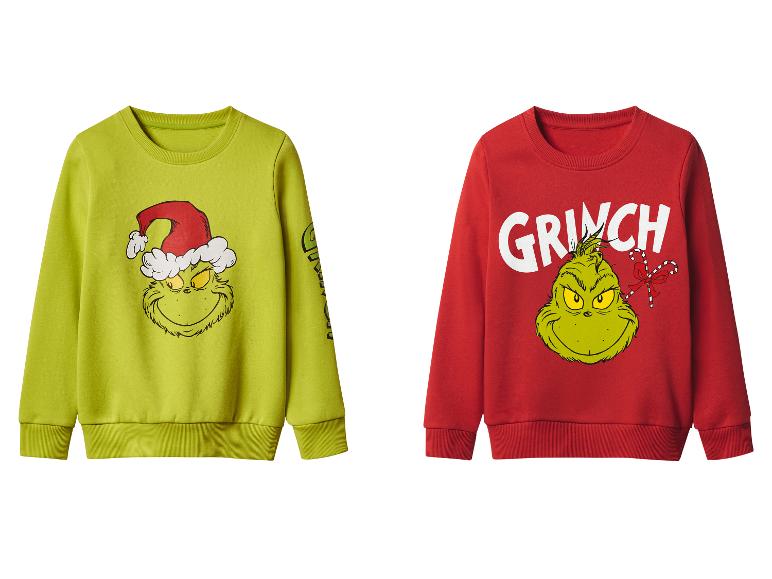 Dve mikiny Grinch, jedna zelená a jedna červená, s vianočnými potlačami.
