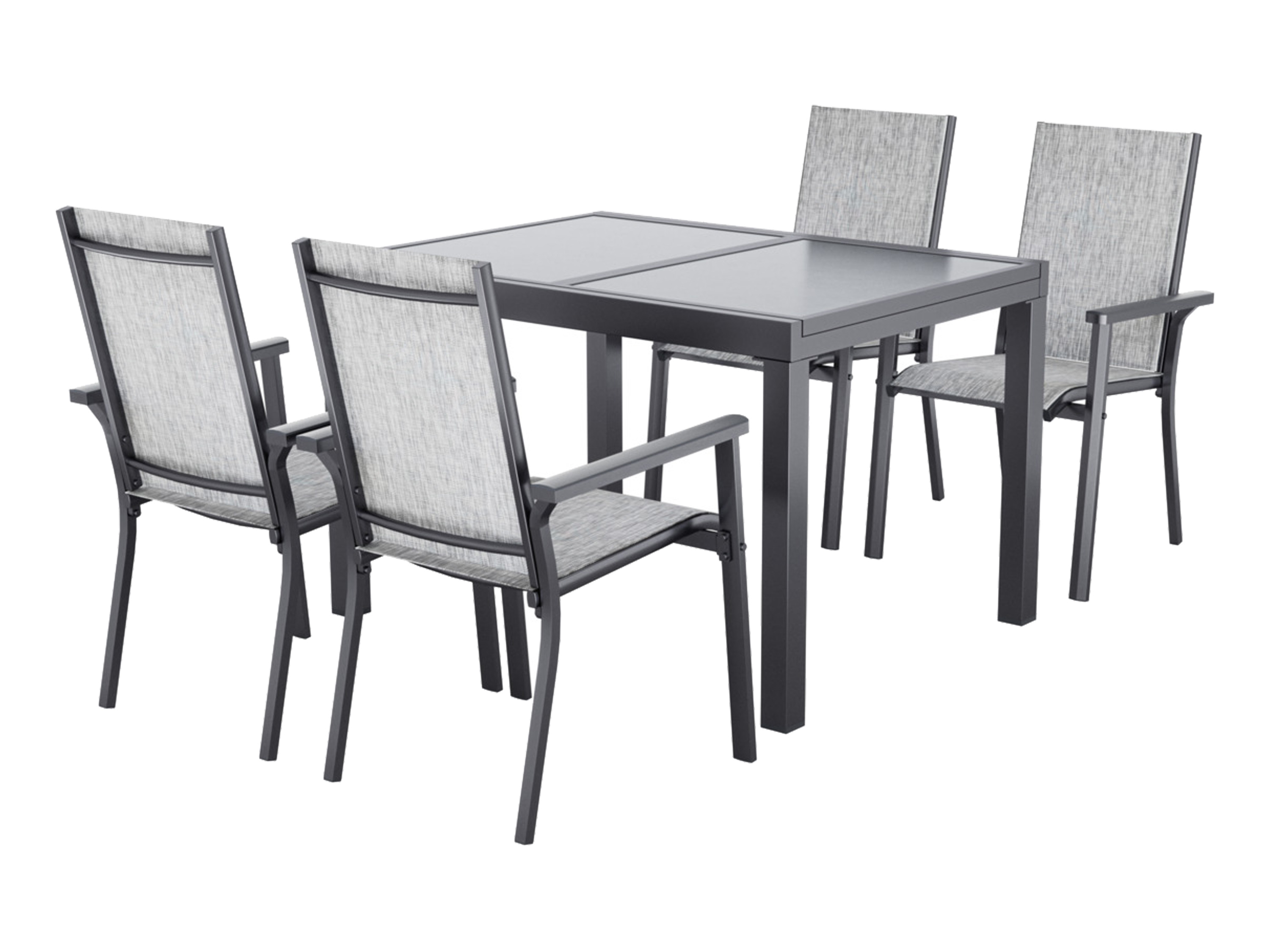 E-shop LIVARNO® Hliníkové stohovateľné kreslo Houston, 4 kusy, svetlosivá + Hliníkový rozťahovací záhradný stôl Houston/Toronto