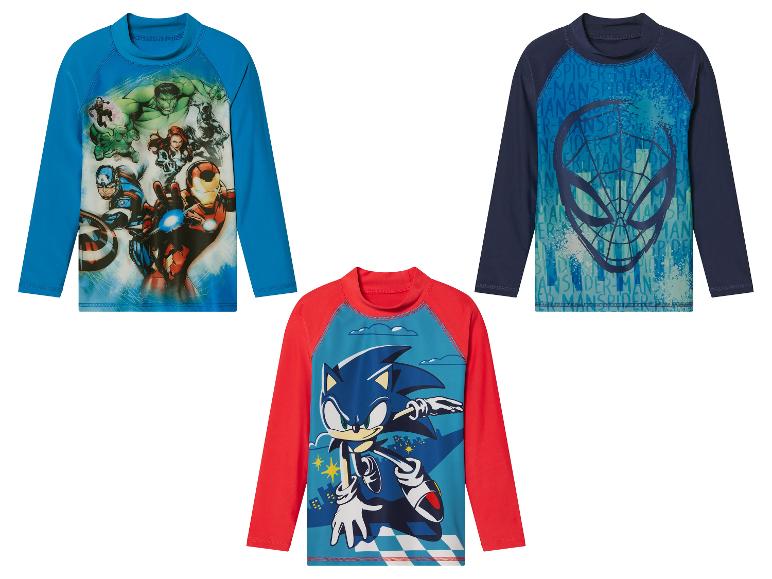 Detské plavecké tričká s dlhým rukávom: Avengers, Spider-Man a Sonic.