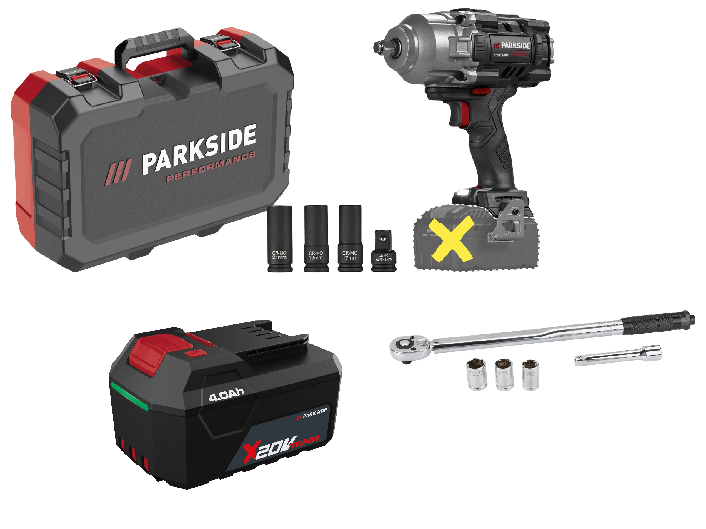 PARKSIDE PERFORMANCE® Aku rázový uťahovák 20 V PASSP 20-Li C4 + Akumulátor 20 V/4 Ah + Súprava momentových kľúčov, 12,5 mm