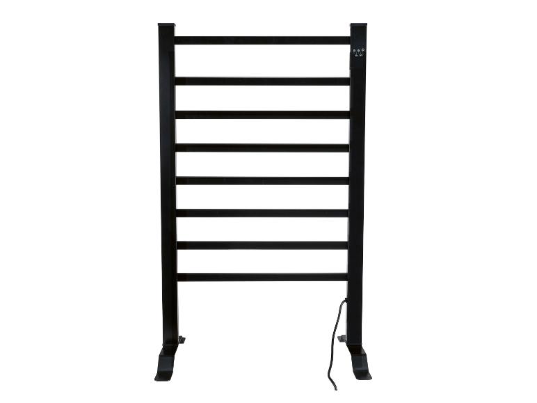 Čierny, elektrický vešiak na uteráky s ôsmimi horizontálnymi tyčami a napájacím káblom.