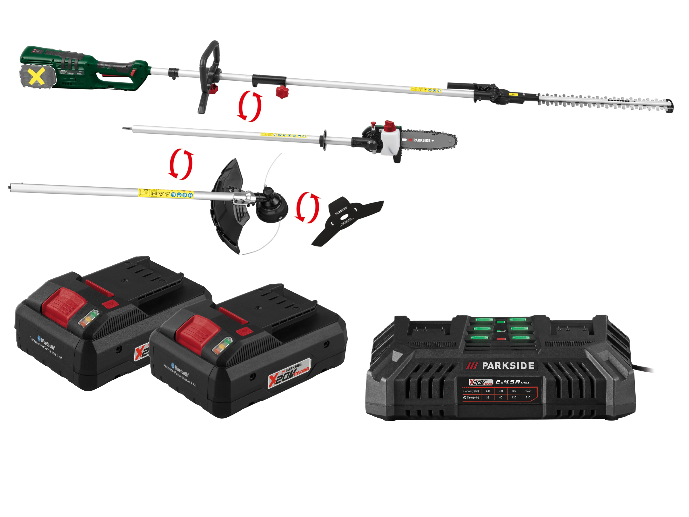 PARKSIDE® Aku záhradné kombinované náradie 40 V PAKG 40-Li A1 + Smart akumulátor 20 V/4 Ah, 2 kusy + Dvojitá nabíjačka 20 V/4,5 A