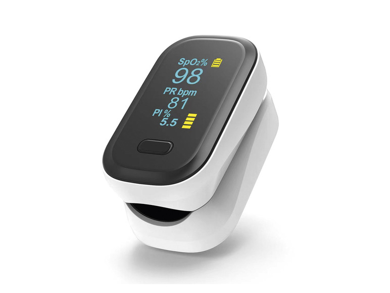 Biely a čierny pulzný oximeter s displejom, ktorý zobrazuje srdcovú frekvenciu, saturáciu kyslíka a stav batérie.