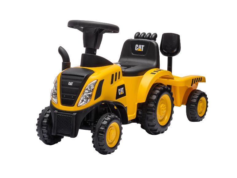 Žltý detský traktor s prívesom a lopatou, s čiernym sedadlom a volantom.
