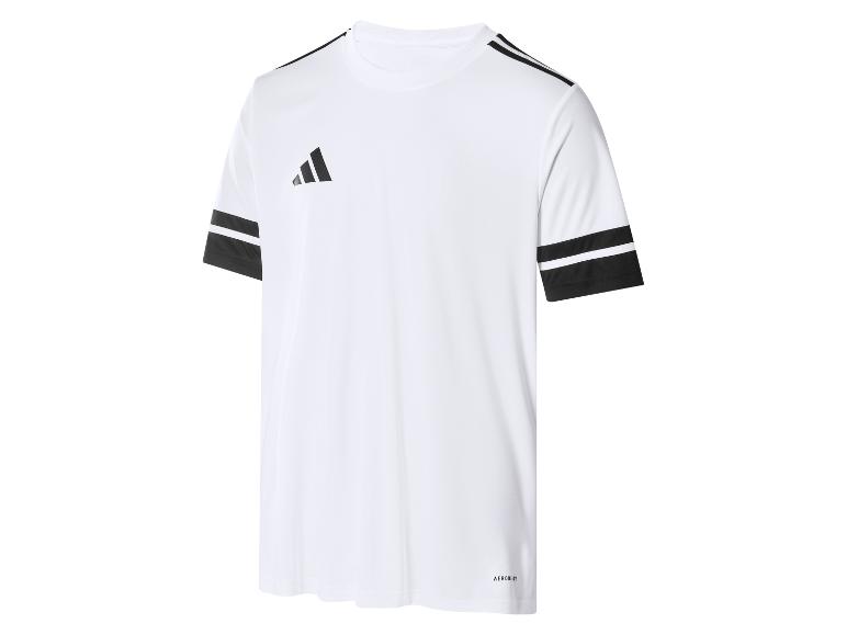 Biele športové tričko Adidas s čiernym logom a pruhmi.