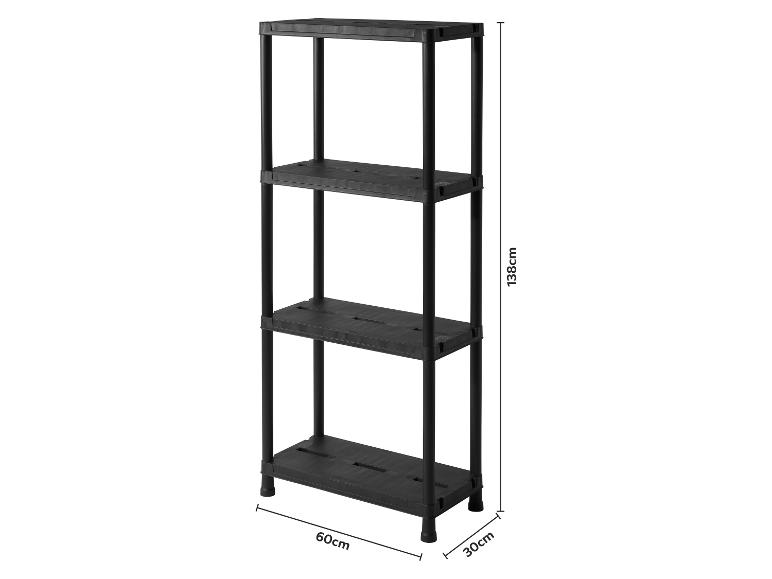 Čierny 4-poschodový plastový regál s rozmermi 138cm (V) x 60cm (Š) x 30cm (H).