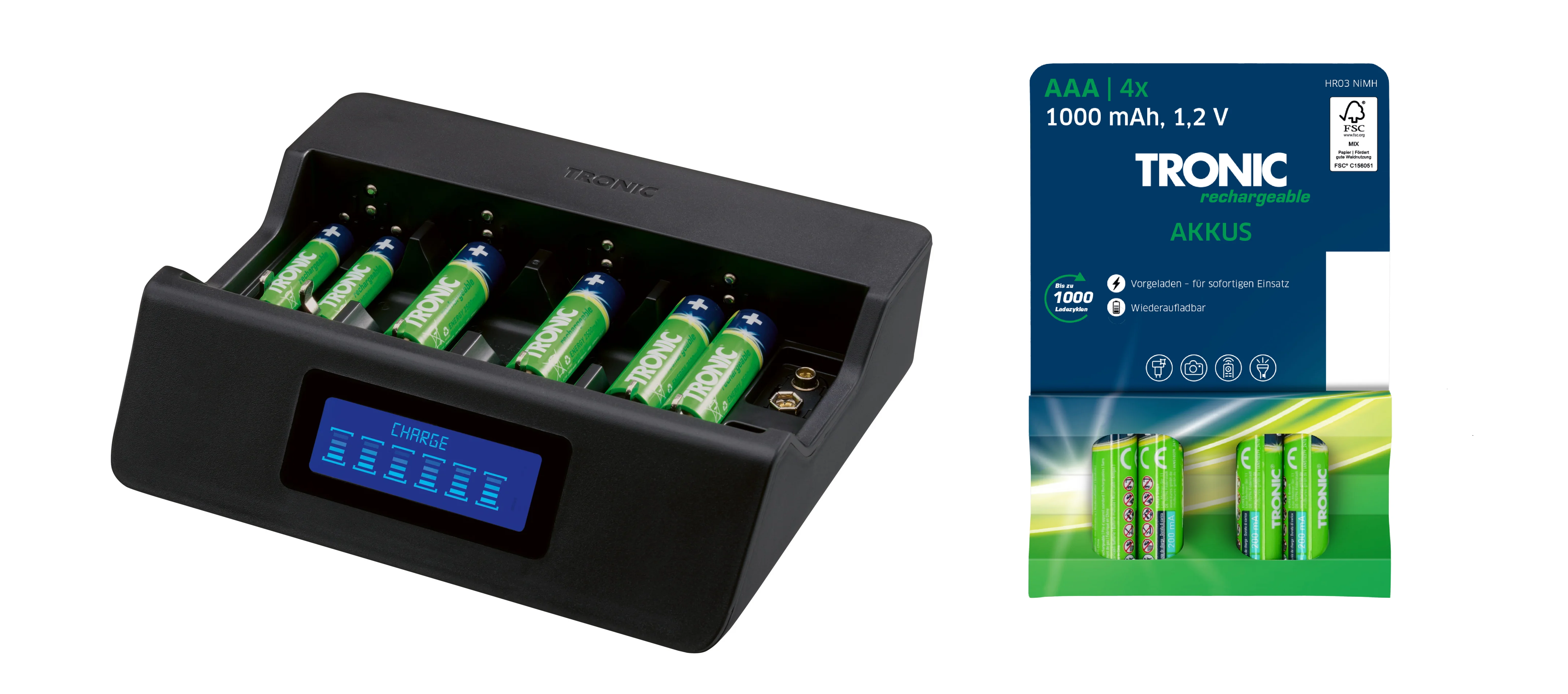 TRONIC® Nabíjačka batérií s funkciou rýchleho nabíjania TAL 1000 B3 + Ni-MH nabíjateľné batérie AAA, 4 kusy