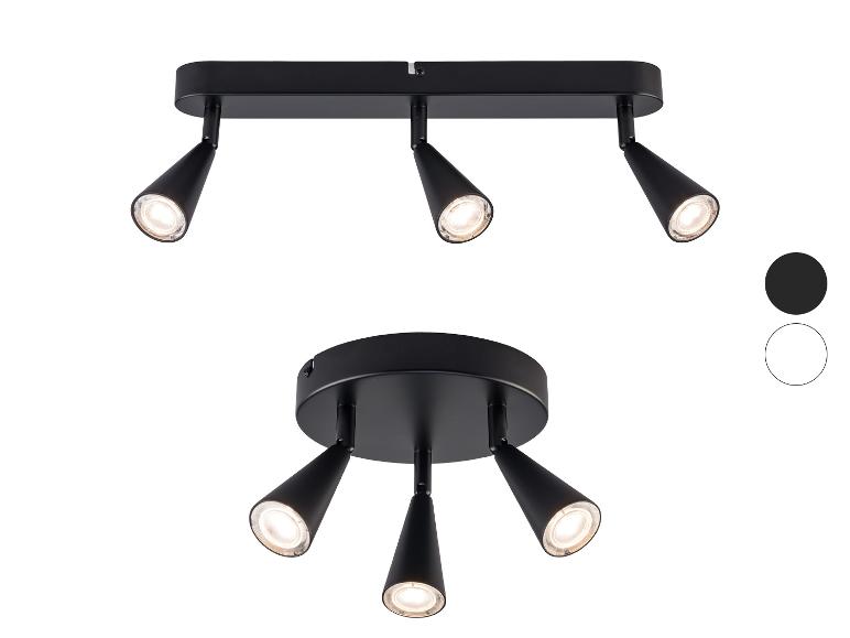 Dve čierne stropné bodové svetlá s LED svetlami, jedno lineárne s tromi a jedno okrúhle so štyrmi.