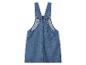 Modré džínsové šaty na traky s nastaviteľnými ramienkami, zadný pohľad.