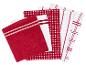 Červené a biele kuchynské utierky s pruhmi a kockovanými vzormi.