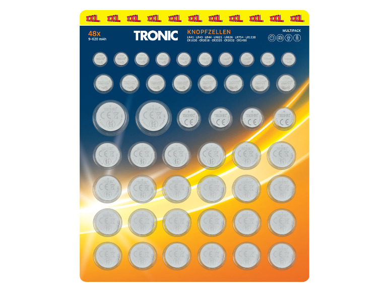 48 TRONIC gombíkových batérií v blistri.