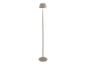 Moderná taupe stojaca lampa s kužeľovitým tienidlom.
