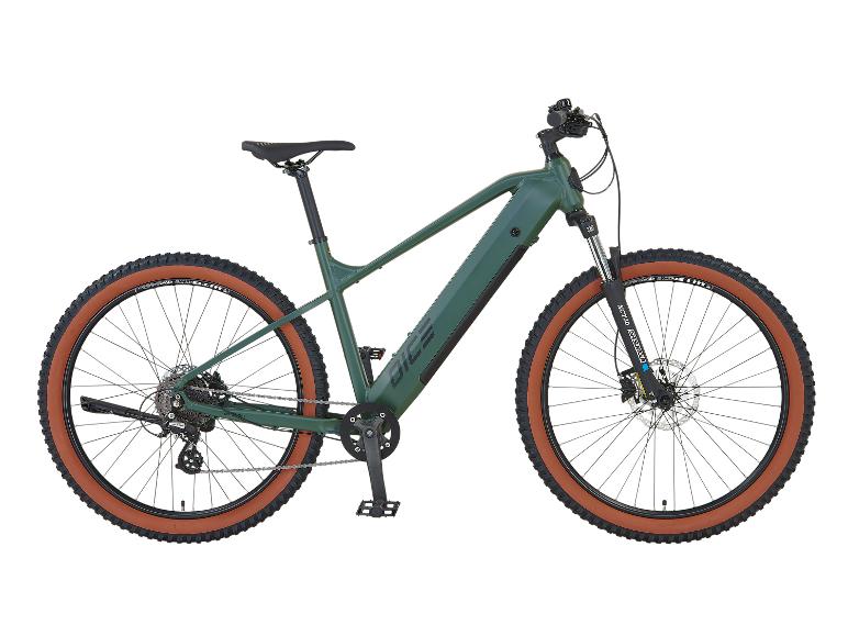 Elektrický horský bicykel Dice: zelený rám, svetlohnedé pneumatiky.