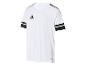 Biele športové tričko Adidas s čiernym logom a pruhmi.
