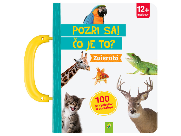 Kniha s obrázkami zvierat, ako napríklad žirafa, mačka, ryba a jeleň.