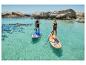 Dvaja ľudia na paddleboardoch v tyrkysovej vode s kameňmi v pozadí.