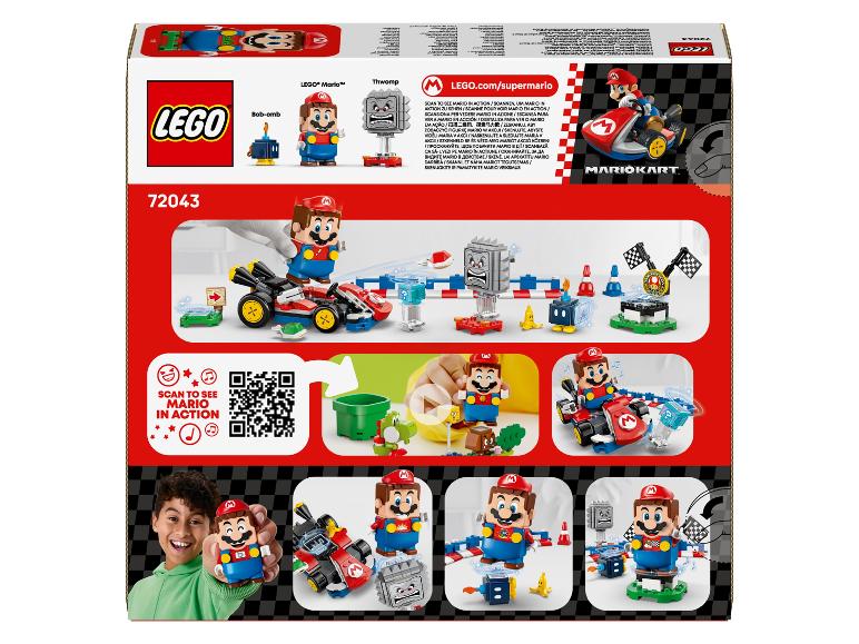 Súprava hračiek s tematikou Mario Kart, vrátane figúrky Maria, vozidla a rekvizít pre dráhu.