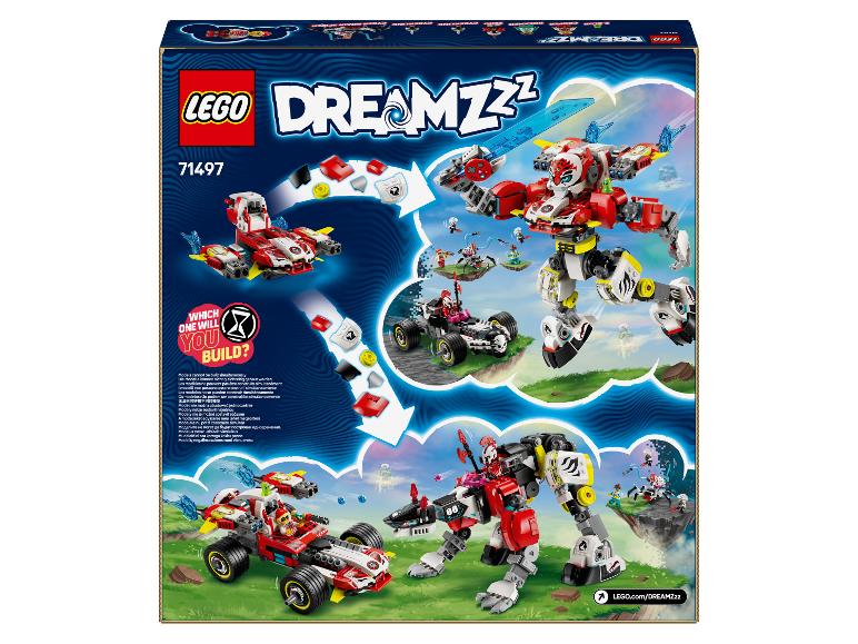 LEGO DREAMZzz krabica s robotom a vozidlom, obe postavené z kociek.