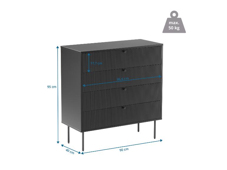 Čierna komoda so štyrmi zásuvkami a rozmermi, nosnosť do 50 kg.