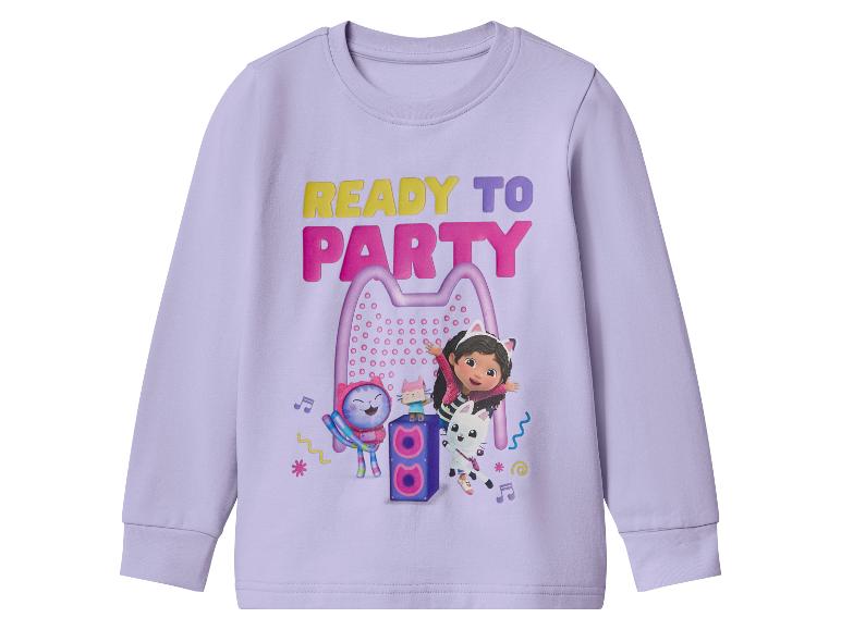 Fialová detská mikina s nápisom „READY TO PARTY“ a postavičkami z Gabby's Dollhouse.