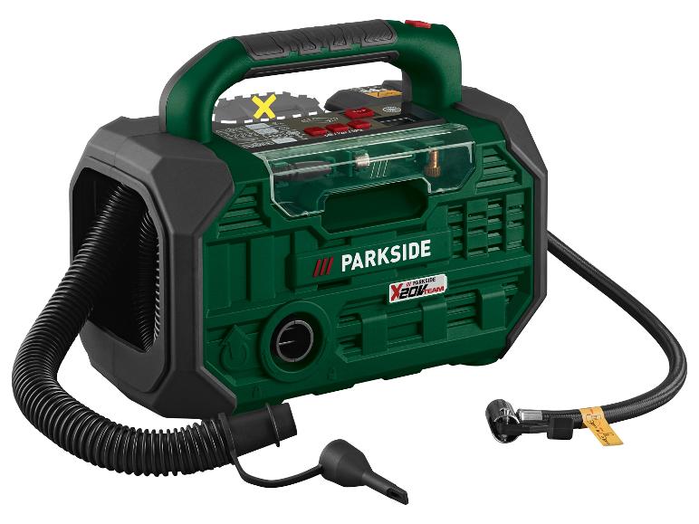 Kompresor a pumpa PARKSIDE X 20V TEAM v zelenej a čiernej farbe s hadicami a príslušenstvom.