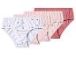 Štyri páry dámskych bavlnených nohavičiek v bielej farbe so srdiečkami, svetloružovej, ružovej a staroružovej farbe.