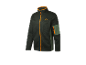 Tmavozelená mikina na zips s oranžovými detailmi.